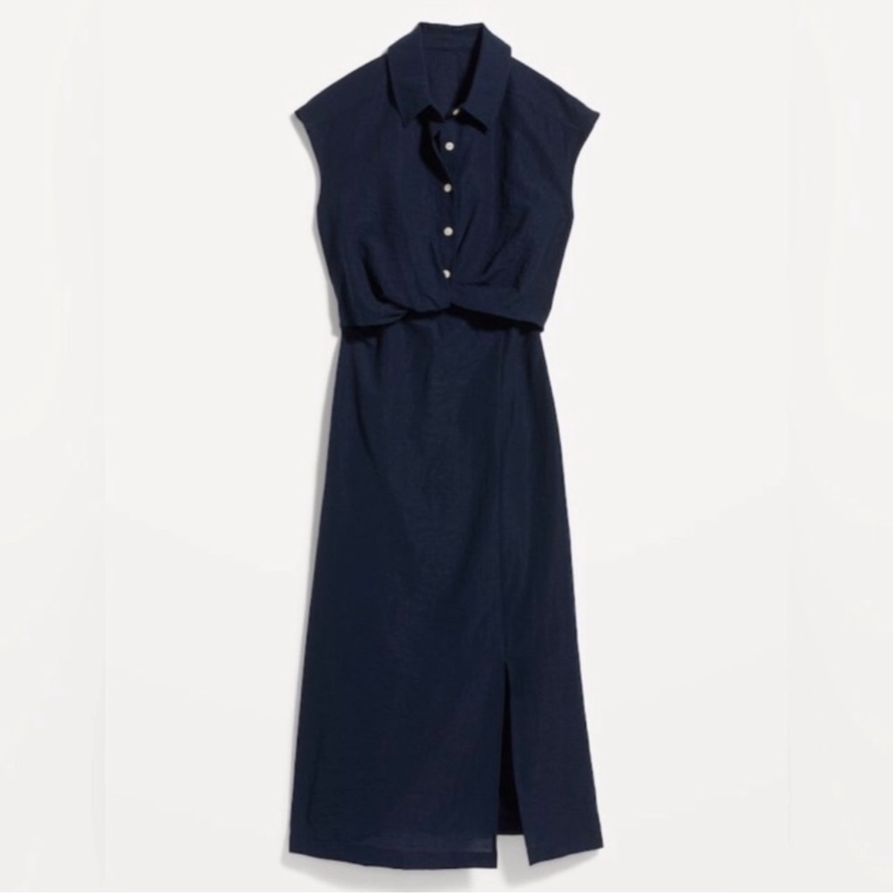 NWT! Navy Blue Waist-Defined Twist-Front Midi Shirt Dress - XL